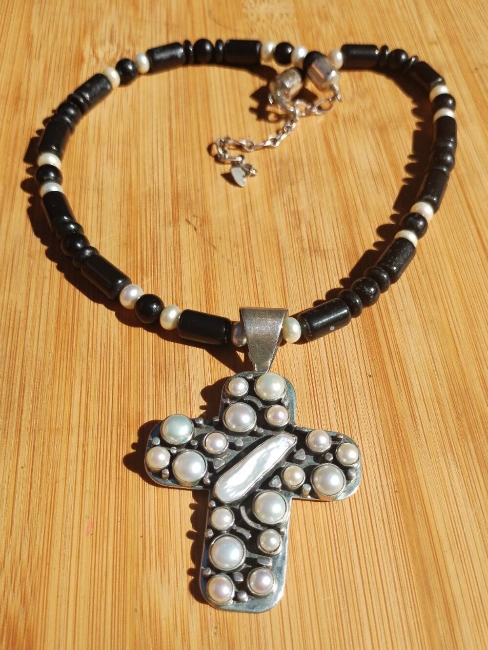 Jay King DTR onyx pearl necklace large pearl cross pendant 925 Sterling Silver